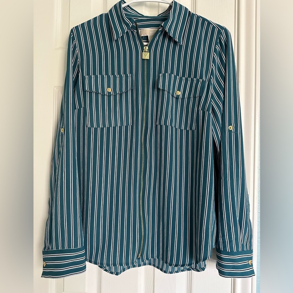 Michael Kors zip Front Green White Nautical Stripe Blouse Small M Gold Buttons